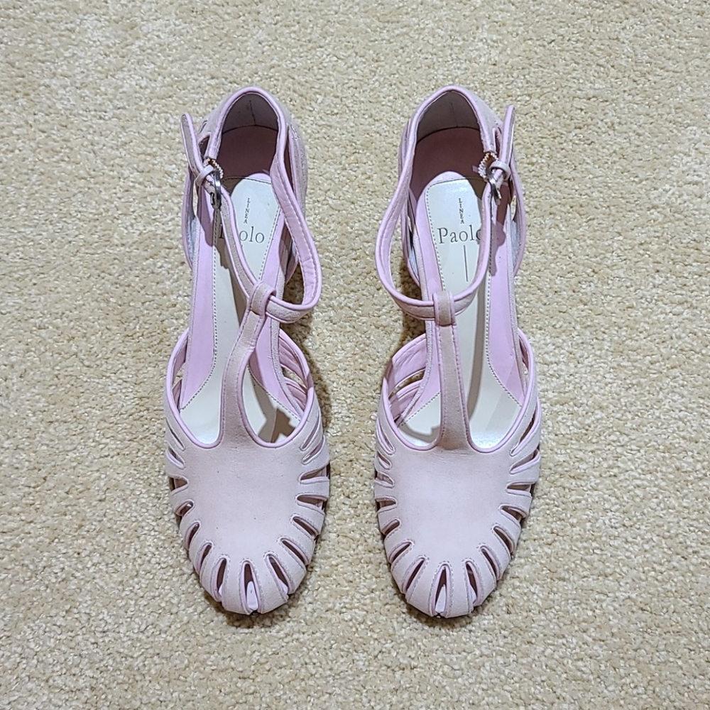 Linea Paolo t-strap pink suede high heels